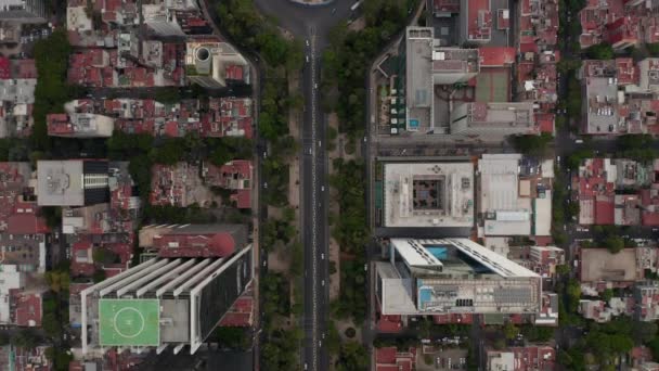 Flygfåglar ögon ovanför toppen ner utsikt över trafiken i bred stadsgata. Multilane rondell vägskäl från höjd. Mexico City, Mexiko. — Stockvideo