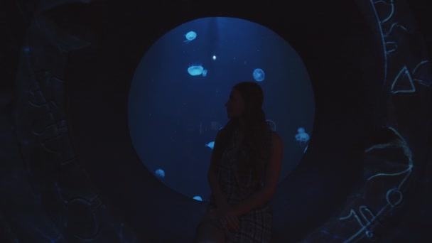 Slow motion achterwaarts zicht op mooie jonge vrouw zittend op een cirkelvormige bandenstoel kijkend naar prachtige kwallen die zwemmen en bewegen in onderwater achtergrond in het Dubai Aquarium — Stockvideo