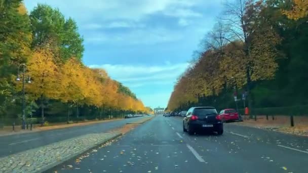 Машины движутся по Штрассе 17. Улица Мбаппе в Берлине, окруженная красивыми желтыми деревьями, с осенними листьями, падающими на дорогу в течение дня — стоковое видео