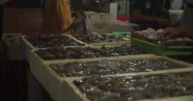 Balık pazarı, Bali adası, Endonezya 'daki konteynırların üzerinden ellerin statik görüntüsü. Sipariş veya makbuz alınıyor