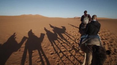 Çöl kumu üzerinde deve kervanının uzun gölgeleri. Turistik eğlence, evcil hayvanlara binmek. Fas, Afrika