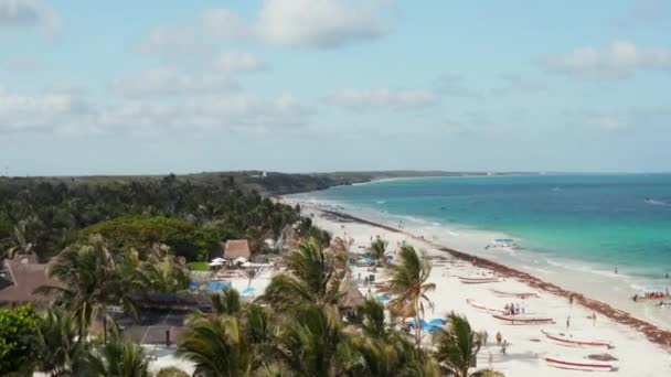 Antenn topp till botten vy över vackra tropiska stranden med en folkmassa med palmer och växter på en ljus solig dag i Tulum i Mexiko — Stockvideo
