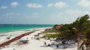 Güneşli bir günde, tropikal bir plajda, Meksika 'da Tulum' da oynarken, yürürken, yatarken ve yüzerken kuş bakışı kalabalık.