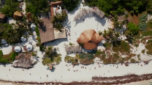 Establecimiento plano de playa tropical concurrida con océano claro y sombrilla de paja con una multitud de personas relajándose, disfrutando y divirtiéndose en un hermoso día durante el fin de semana en Tulum, México — Vídeo de stock