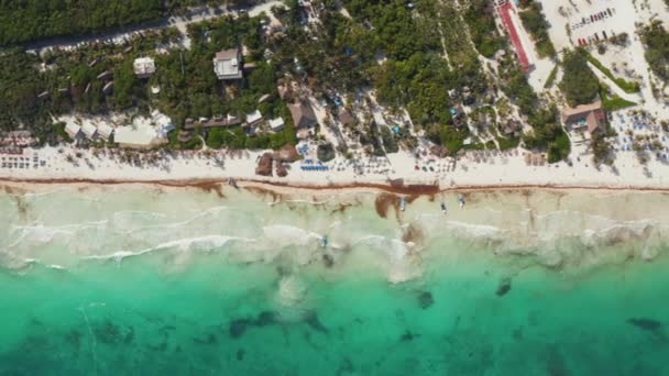 Vista superior de la ajetreada playa tropical con botes vacíos y personas minúsculas no reconocidas relajándose, disfrutando durante el fin de semana en un día soleado brillante en Tulum, México — Vídeo de stock