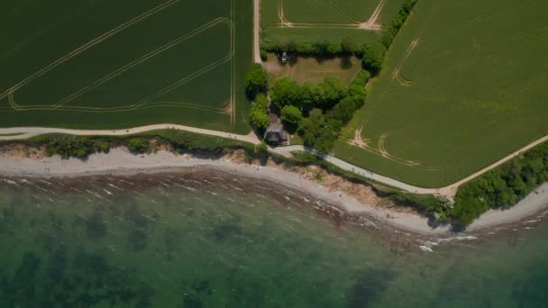 Volatili aerei occhio sopra la testa vista dall'alto verso il basso della costa del Mar Baltico con campagna campo verde, innalzandosi sopra tetto casa, giornata di sole — Video Stock