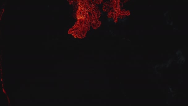 Aerial birds eye overhead top down panning view of molten lava stream. Orange texture against black background. Fagradalsfjall volcano. Iceland, 2021 — Stock Video