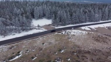 Çam ağaçları ve tepeleri karla kaplı kış manzarası boyunca kıvrımlı bir yolda giden koyu renkli bir SUV 'u izleyen hava görüntüleri..