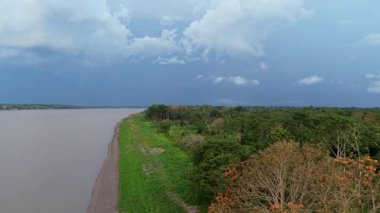 Amazon yağmur ormanlarında yuva yapmış küçük bir kasabanın havadan bakış açısı. Mavi çatıları olan modern binalar sık ormana karşı dururlar..
