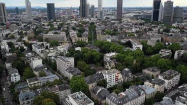 Frankfurt am Main airial city view with residential buildings and mali bölge skyscrapers in Germany corporate center