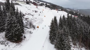 Kayakçıların, kayak asansörleri ve çam ağaçları olan popüler bir dağlık bölgede karlı bir yamaçtan inen statik hava perspektifi..