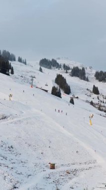Kayakçılar, Avusturya Alpleri 'ndeki yoğun bir kayak merkezinde kış tatillerinde dikey olarak karlı dağ yamaçlarından inerler..