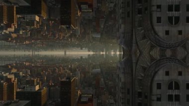Aynalı New York şehrinin, Chrysler Binası ile ufuk çizgisinin hayali, soyut ve fütüristik kentsel dünya yaratıyor..
