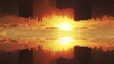 Gökyüzüne yansıyan gerçeküstü aynalı şehir manzarası ile Manila Metropolis üzerinde kaleydoskopik gündoğumu fütürist ve distopyan kentsel manzara yaratıyor..