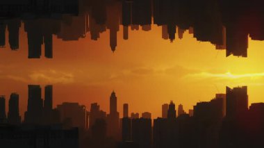 Günbatımında Manila 'nın yansıtılmış şehir silueti altın ışık ve siluetli gökdelenlerle soyut ve gerçeküstü şehir manzarası yaratarak kaleydoskopik bir etki yaratıyor..