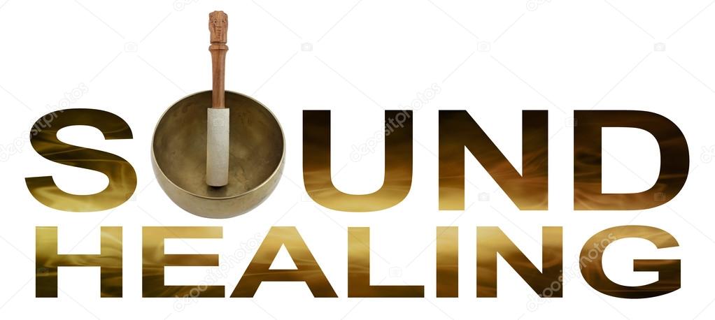 Tibetan Singing Bowl making the O of SOUND HEALING with golden brown flowing wave like detail inside letters isolated on white background