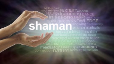 Shaman word cloud and healing hands clipart