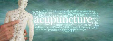 Akupunktur Kelime Bulutu afişi ile ilgili kelimeler - bir akupunktur noktalarını tutan eller bir ACUPUNCTURE kelime bulutu yanında yeşim yeşil arka plan karşı 
