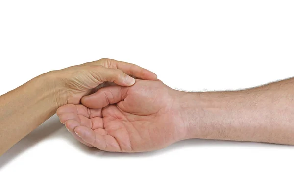 Het Geven Van Een Palm Lezen Witte Achtergrond Vrouwelijke Hand — Stockfoto