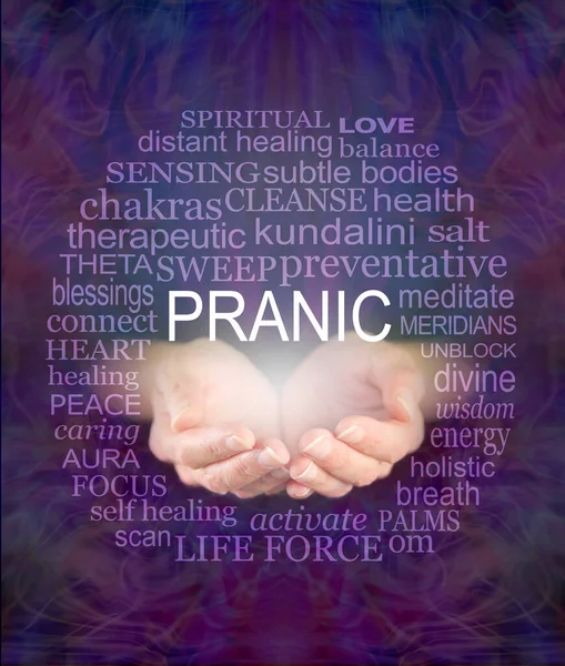 Words associated with Pranic Healing Word Tag Cloud - female cupped hands with the word PRANIC above surrounded by a relevant word cloud on a deep red and blue ethereal background — Stock Image Words Associated Pranic Healing Word Tag Cloud Female Cupped Hands Stock Photo