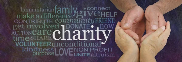 Words Associated Charity Word Cloud Campaign Banner Female Hands Cupped — Stock Photo, Image