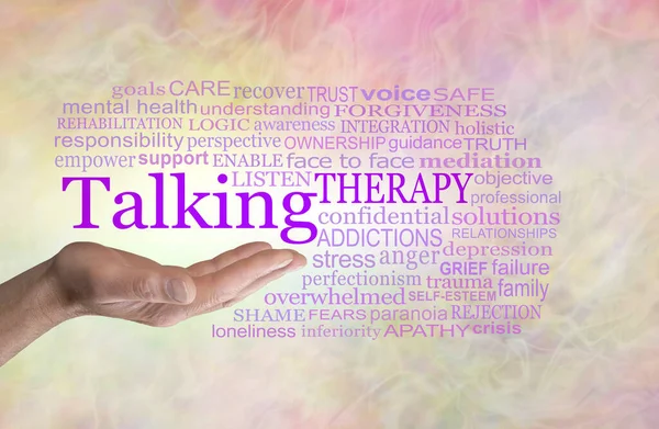 Palavras Associadas Com Talking Therapy Word Cloud Palma Aberta Homem — Fotografia de Stock