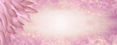 Pembe Melek Tüylü Mesaj Pankartı - sol köşede bir yığın pembe renkli tüy ve soluk pembe ışıltılı kenarı ve ortada boş kopya alanı olan geniş mesaj alanı   
