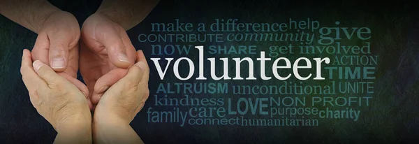 Volunteer Careworker Word Cloud Female Hands Cupped Male Cupped Hands — Stock Photo, Image