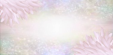 Pembe Melek Tüylü Mesaj Pankartı - sol üst ve sağ alt köşelerde uzun pembe renkli tüyler yığını ve çok renkli kenarlı geniş mesaj alanı   