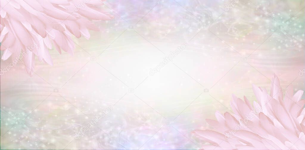 Pink Angel Feather Message Banner Background - a pile of long pink coloured feathers in top left and bottom right corners and wide message area with multicoloured sparkly border and  copy space in middle   