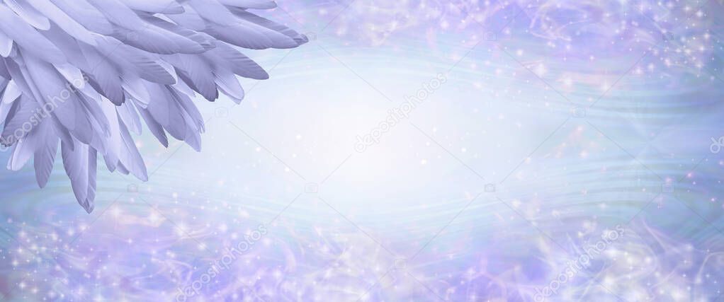 Lilac Angel Feather Message Banner Background - a pile of long lilac coloured feathers in left corner and wide message area with pale pink and blue sparkly border and empty copy space area in middle   
