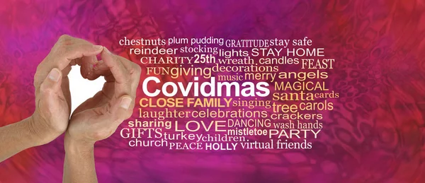 2015 Love Covidmas Christmas Word Cloud Female Hands Making Heart — 스톡 사진