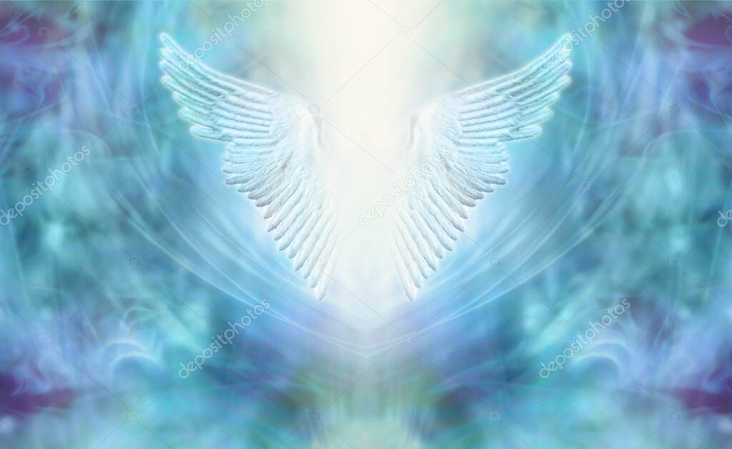 High Resonance Turquoise Blue Angel Wings Spiritual Background - blue and purple ethereal background with a pair of Angel Wings in the center and a shaft of bright light between with copy space
