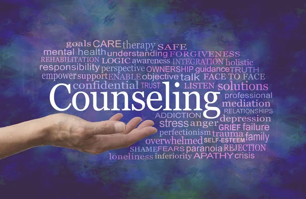 클라우드 카운셀 Counselling Word Cloud 손바닥을 치료사와 어두운 현대의 추상적 — 스톡 사진