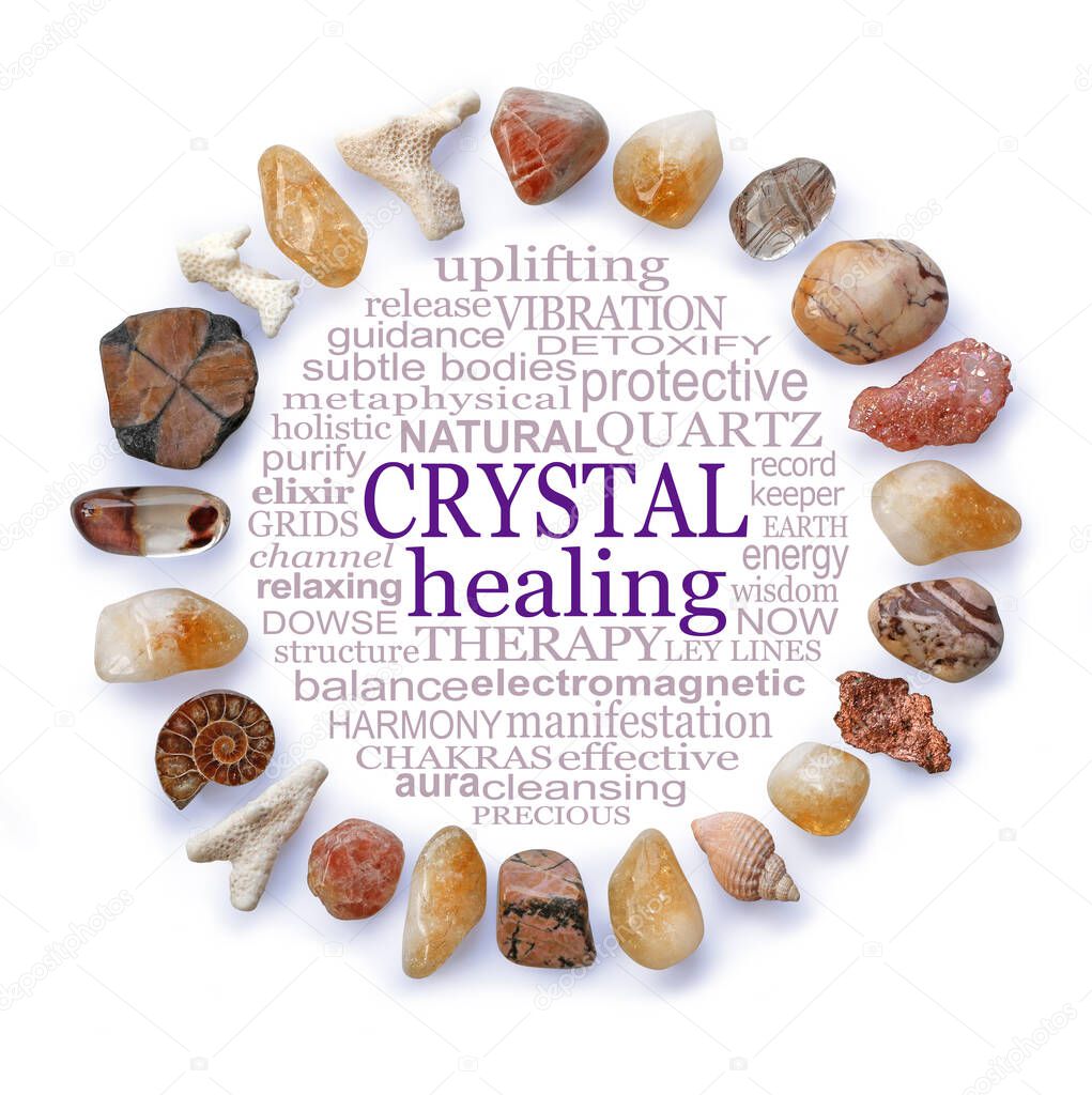 Beautiful Earth Crystals Circular Crystal Healing word cloud - a circle of earth coloured crystals and sea shells framing a CRYSTAL HEALING word cloud on a white  background