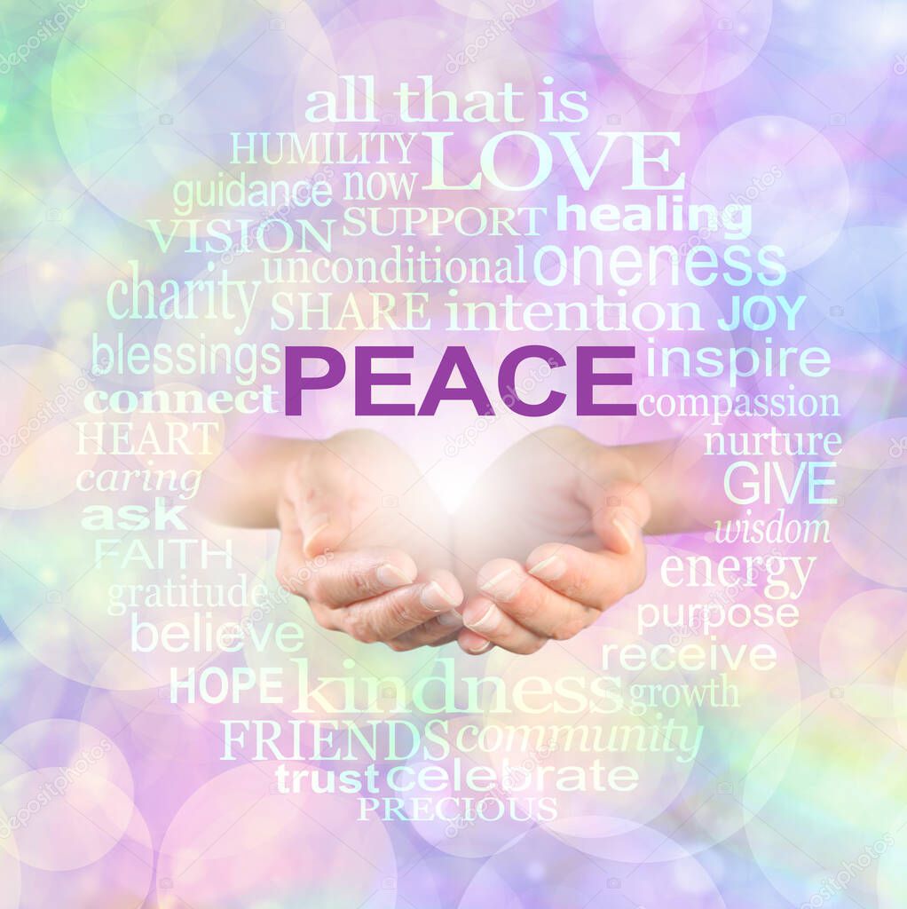 Words associated with Peace Campaign Word Cloud - Female hands emergbing from rainbow coloured bokeh background surrounded by  a circular PEACE word cloud                                