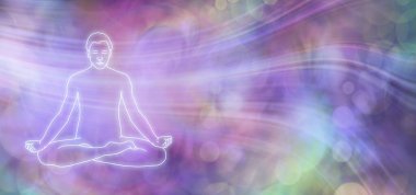 Allow thoughts to flow Meditation Banner  - multicoloured bokeh background with flowing lines depicting thoughts and glowing outline of male in seated meditating mindfulness lotus position  clipart