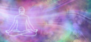 Allow thoughts to flow Meditation Banner  - multicoloured bokeh background with flowing lines depicting thoughts and glowing outline of male in seated meditating mindfulness lotus position  clipart