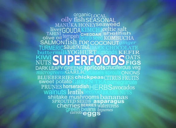 Süperyiyecekler Sağlıklı Kelime Bulutlarının Sağlıklı Yiyeceklerin Olduğu Dairesel Baloncukların Fotokopi — Stok fotoğraf