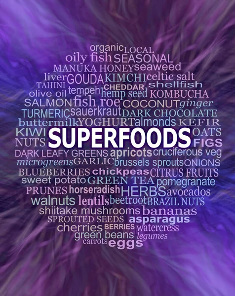 Sağlıklı Sağlıklı Kalın Besleyici Süperyiyecekler Kelime Bulutu Dairesel Baloncuklar Sağlıklı — Stok fotoğraf