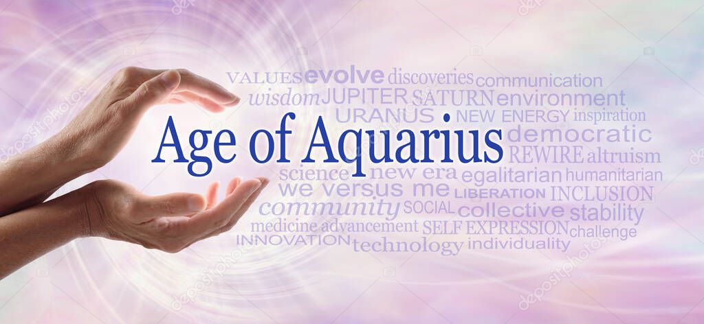 Words associated with the Age of Aquarius Word Cloud - female hands cupped around the words AGE OF AQUARIUS beside a word cloud relevant to the new era of Aquarius against a pink flowing vortex spiral 
