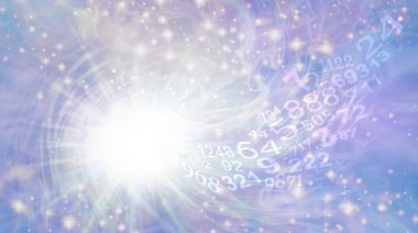 Numerology Vortex Ethereal Background - Bright white light burst rotating star with sparkles on ethereal pastel blue purple with a flow of random numbers spiraling towards the white light clipart