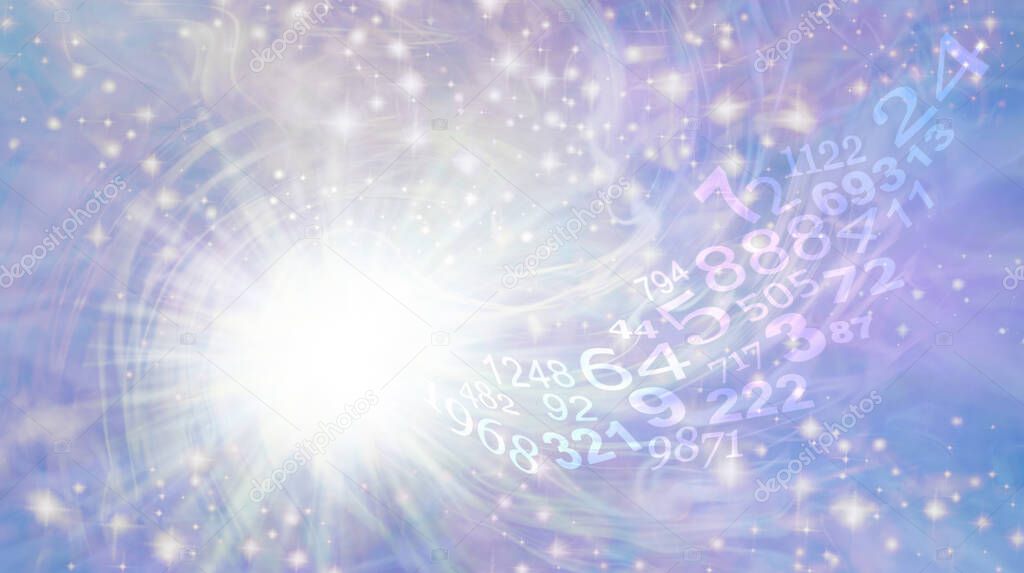Numerology Vortex Ethereal Background - Bright white light burst rotating star with sparkles on ethereal pastel blue purple with a flow of random numbers spiraling towards the white light