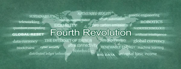 Słowa Związane Fourth Revolution Reset Mono Zielona Płaska Mapa Planety — Zdjęcie stockowe