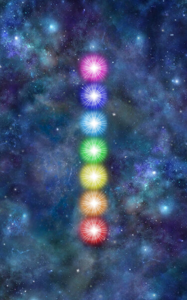 The Seven Major Chakras Cosmic background -  a neat stack of seven rainbow coloured chakra vortexes against a dark deep space background with copy space