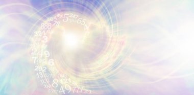 Numeroloji mesaj pankartı- soluk leylak ve limon metafiziksel spiral desen ve girdaba giren rastgele numaraların sarmal akışı ve sağ taraftaki uzayı kopyalama