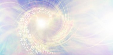 Spiralling numerology message banner - pale lilac and lemon metaphysical spiral pattern with a spiraling flow of random numbers entering the vortex and copy space on right hand side clipart