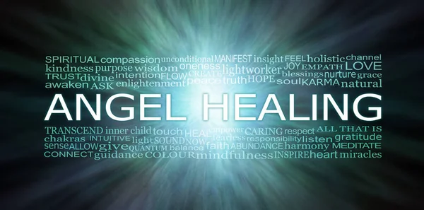 Ethereal Angel Healing Word Cloud Banner Verde Escuro Para Iluminar — Fotografia de Stock