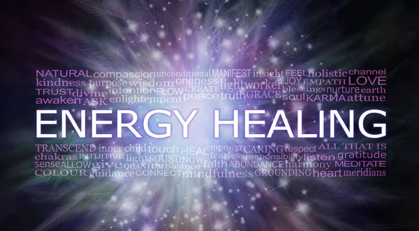 Ethereal Energy Healing Word Cloud Banner Dunkelviolett Und Grün Spirituell — Stockfoto