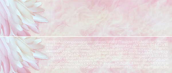 Бледно-розовые ангельские подвиги - знамя послания духовных слов - груда длинных тонких розово-белых подвигов с левой стороны с течением эфирной бледно-розовой энергии и фоном, заполненным духовными словами